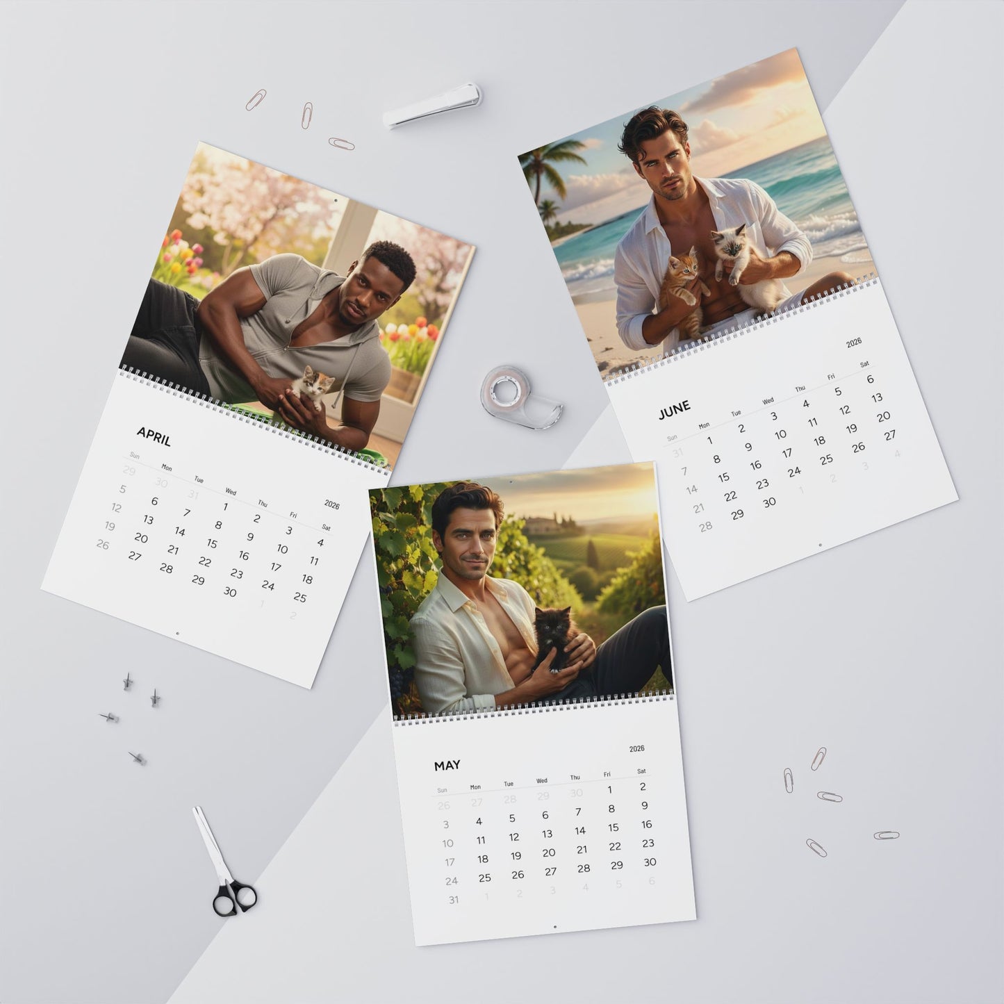 Men & Cats Wall Calendar | Pecs and Paws™ Wall Calendar 2026 | Valentine Gift for Her