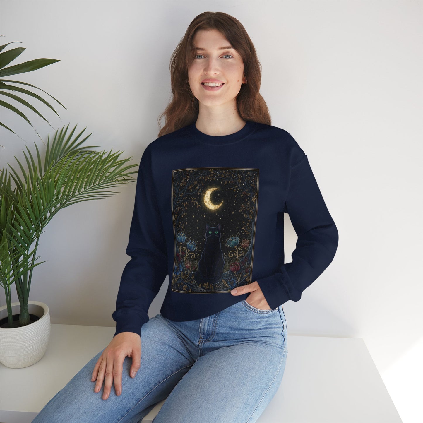 Moonlit Cat Crewneck Sweatshirt - Mystic Night Sky Graphic