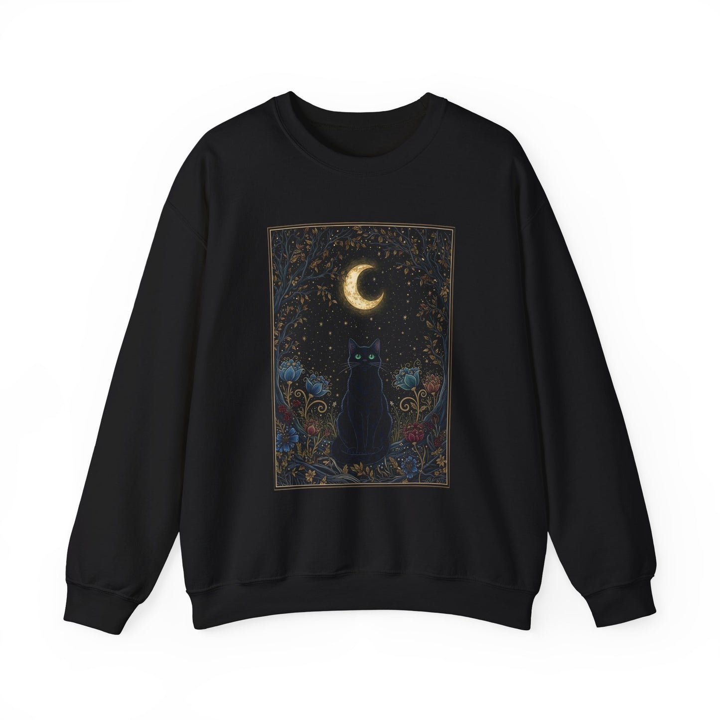 Moonlit Cat Crewneck Sweatshirt - Mystic Night Sky Graphic