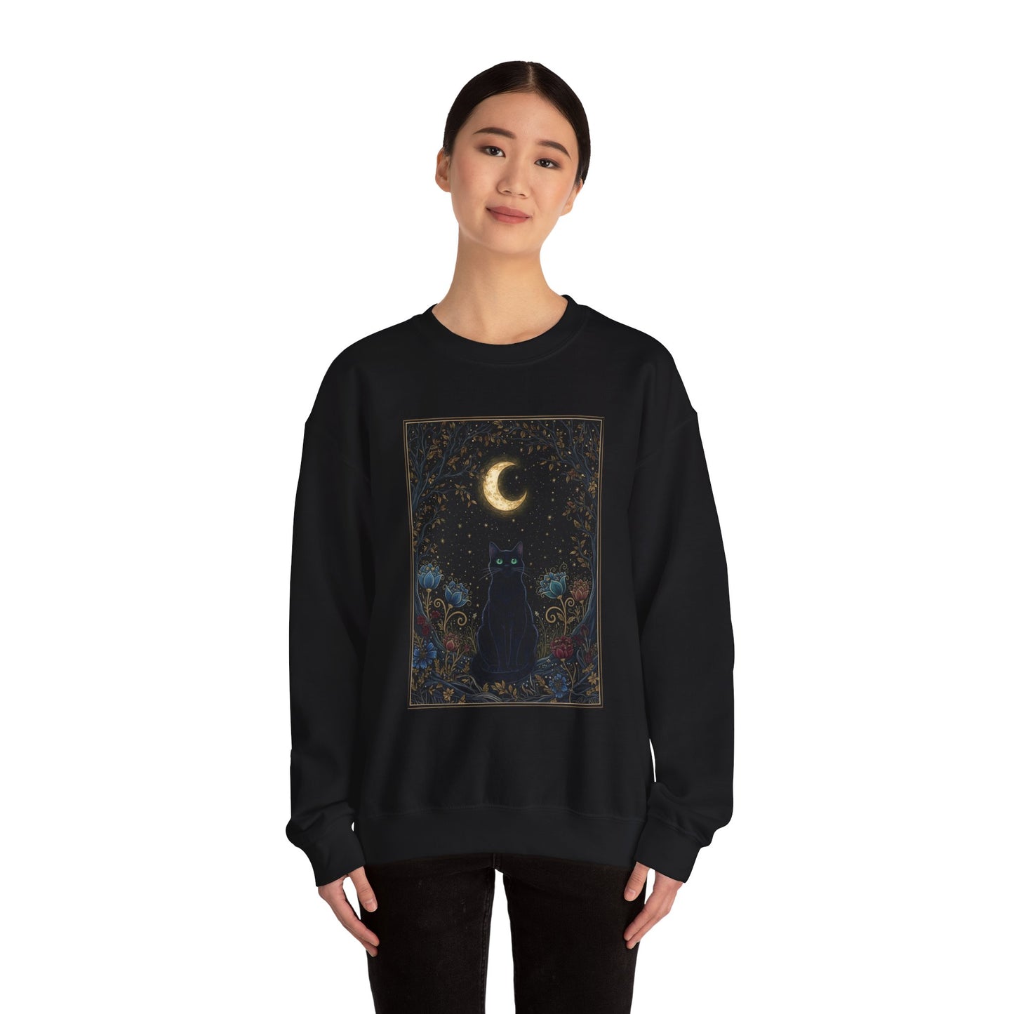 Moonlit Cat Crewneck Sweatshirt - Mystic Night Sky Graphic