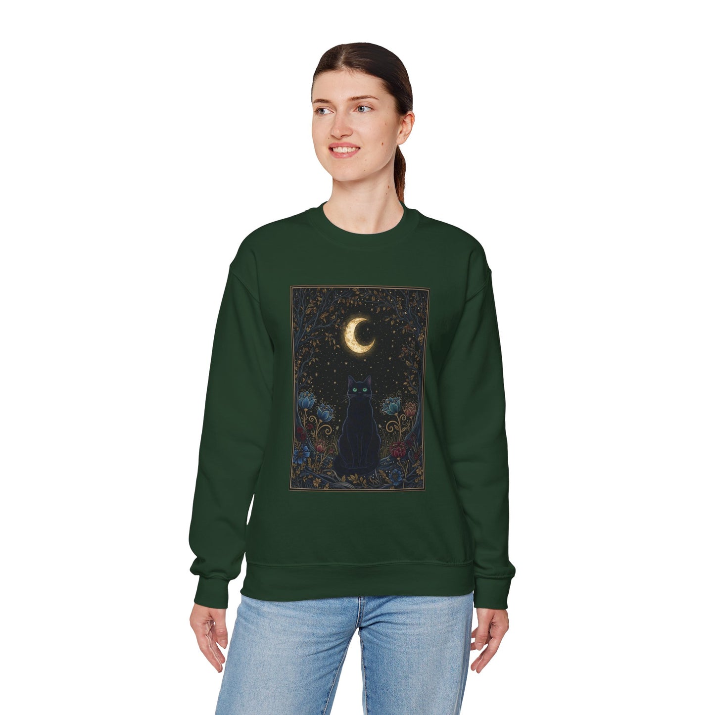 Moonlit Cat Crewneck Sweatshirt - Mystic Night Sky Graphic