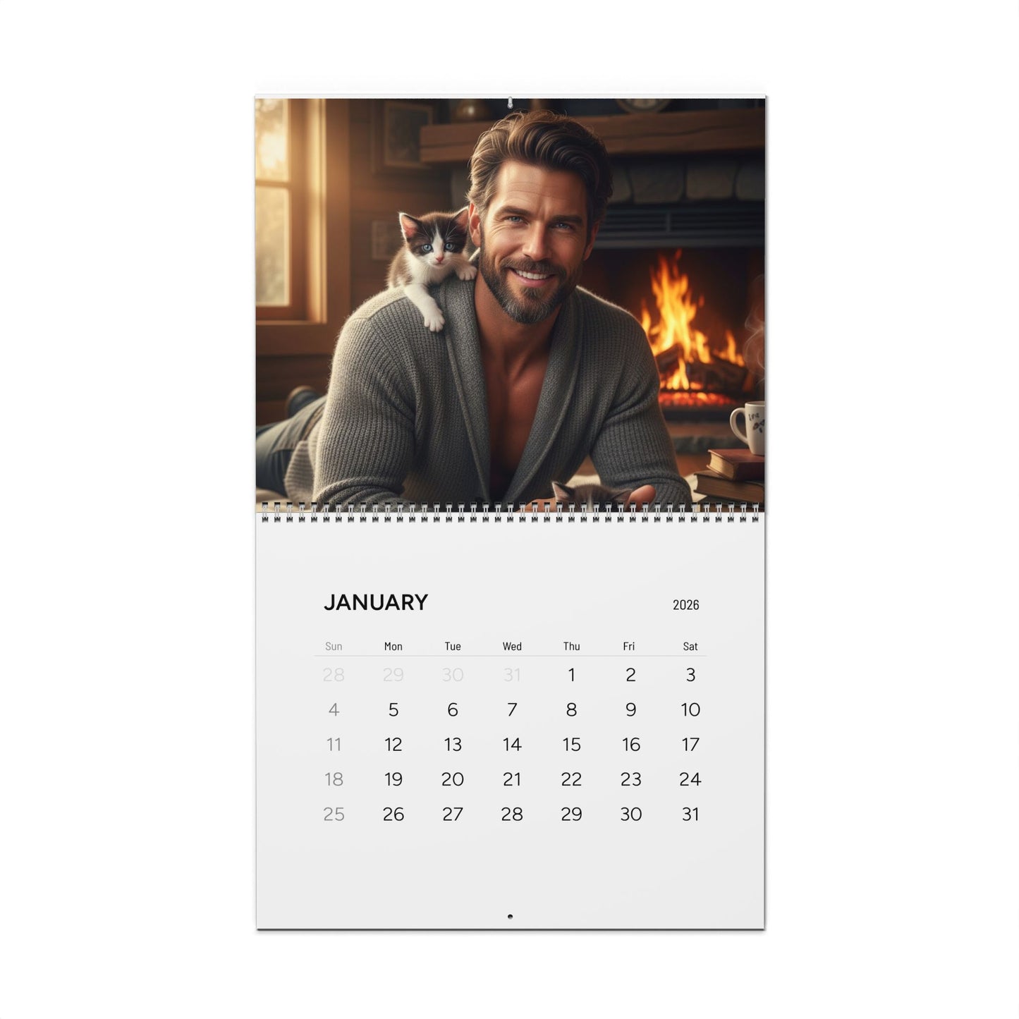 Men & Cats Wall Calendar | Pecs and Paws™ Wall Calendar 2026 | Valentine Gift for Her