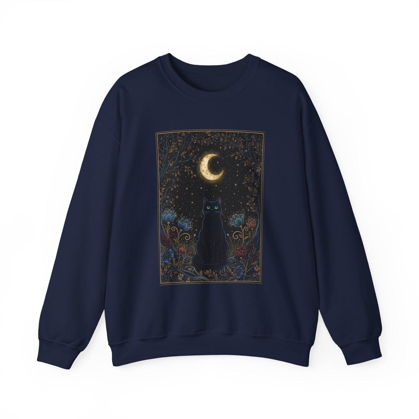 Moonlit Cat Crewneck Sweatshirt - Mystic Night Sky Graphic