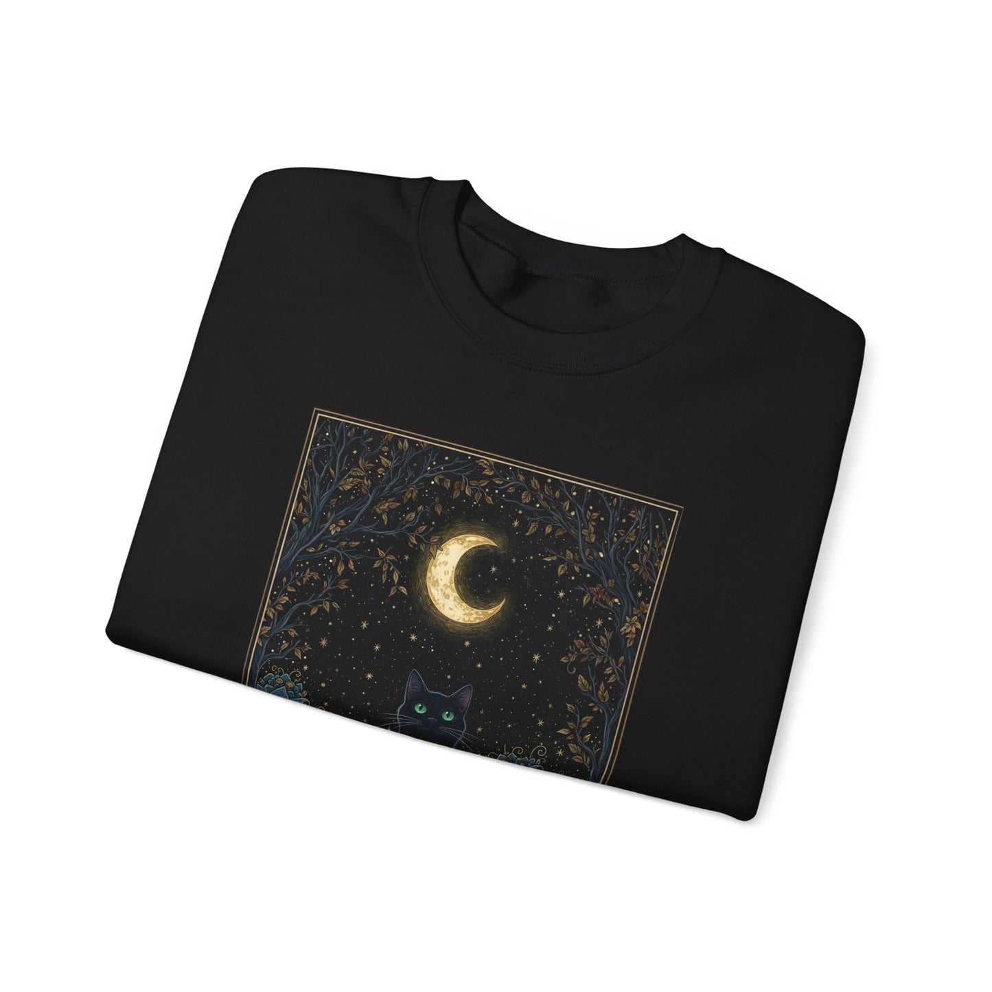 Moonlit Cat Crewneck Sweatshirt - Mystic Night Sky Graphic
