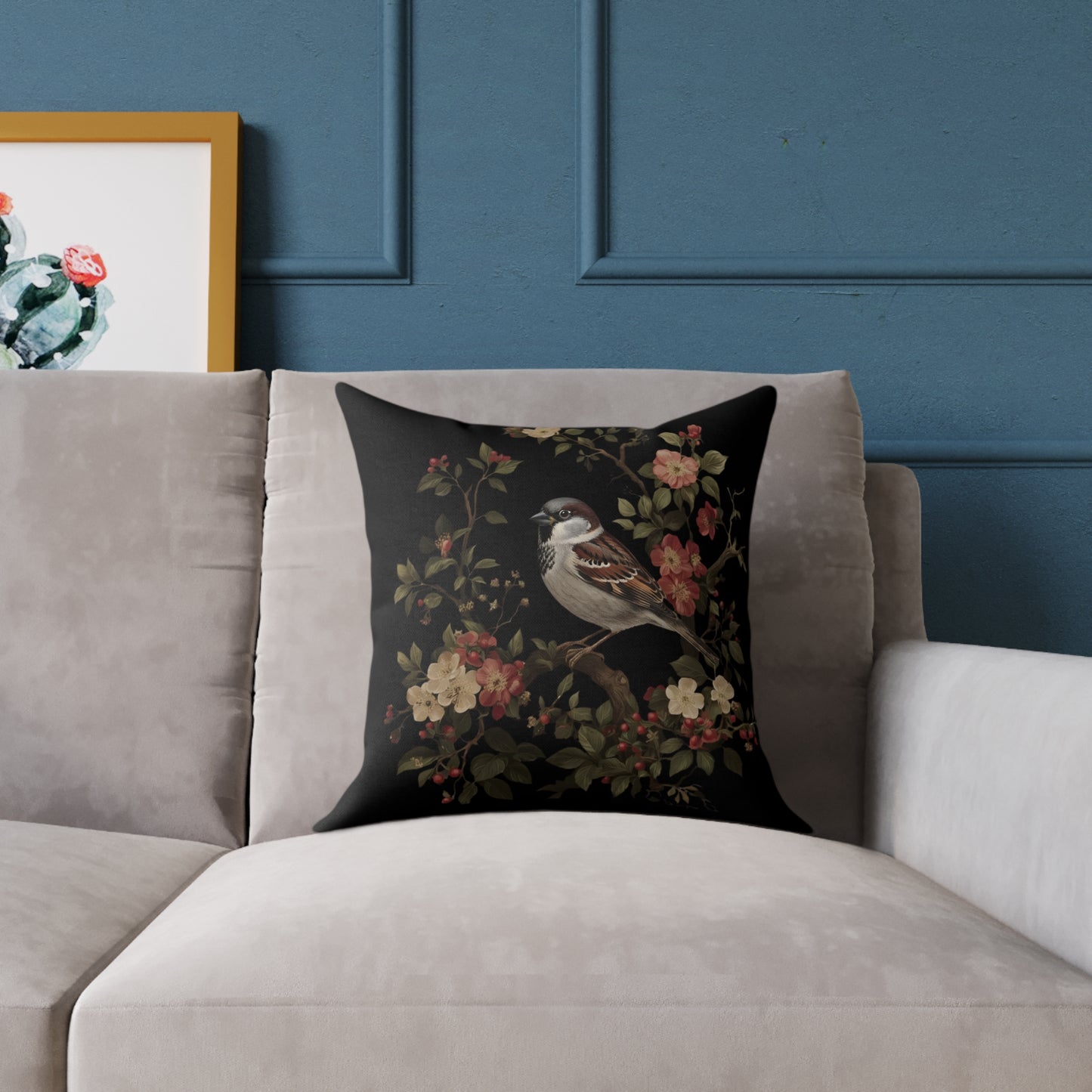 Vintage Sparrow and Wildflower Accent Pillow