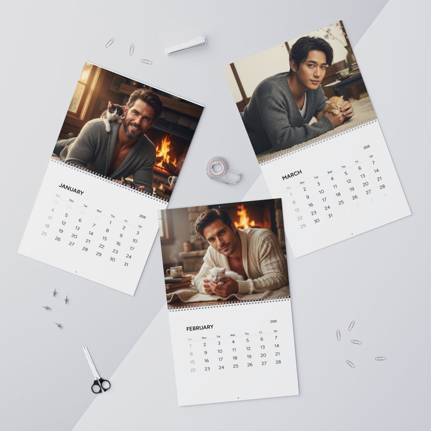 Men & Cats Wall Calendar | Pecs and Paws™ Wall Calendar 2026 | Valentine Gift for Her